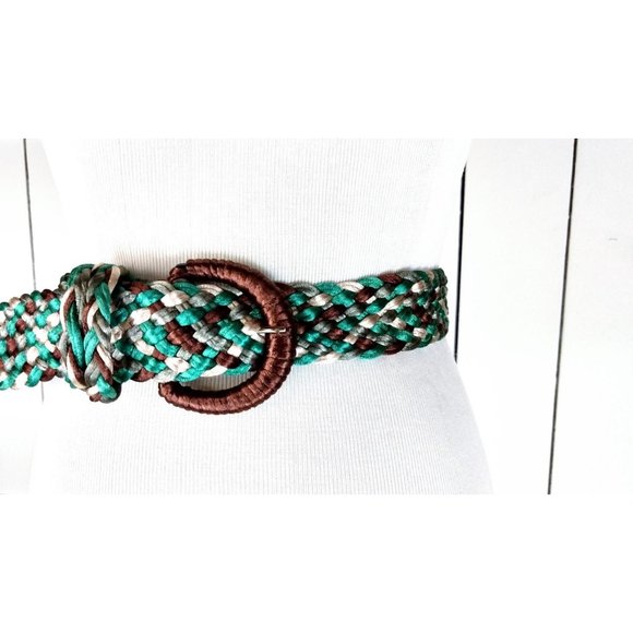 90s vintage green and brown braided woven chord rope belt - Picture 3 of 4